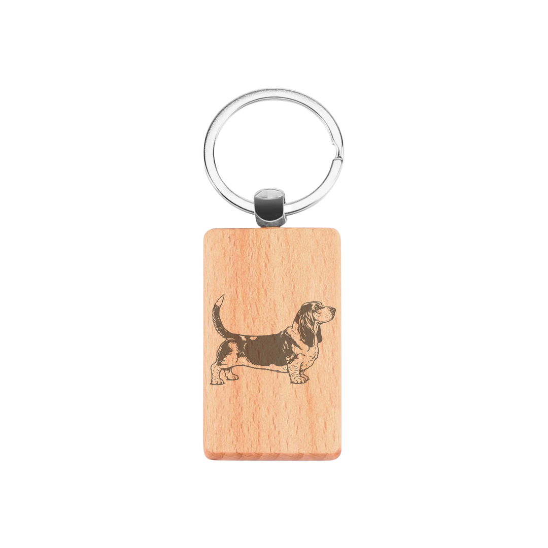 Basset Hound Standing Engraved Rectangle Wooden Keyring
