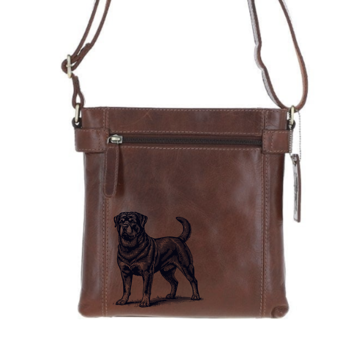 Rottweiler Standing Engraved Leather Two Section Zip Top Crossbody Bag