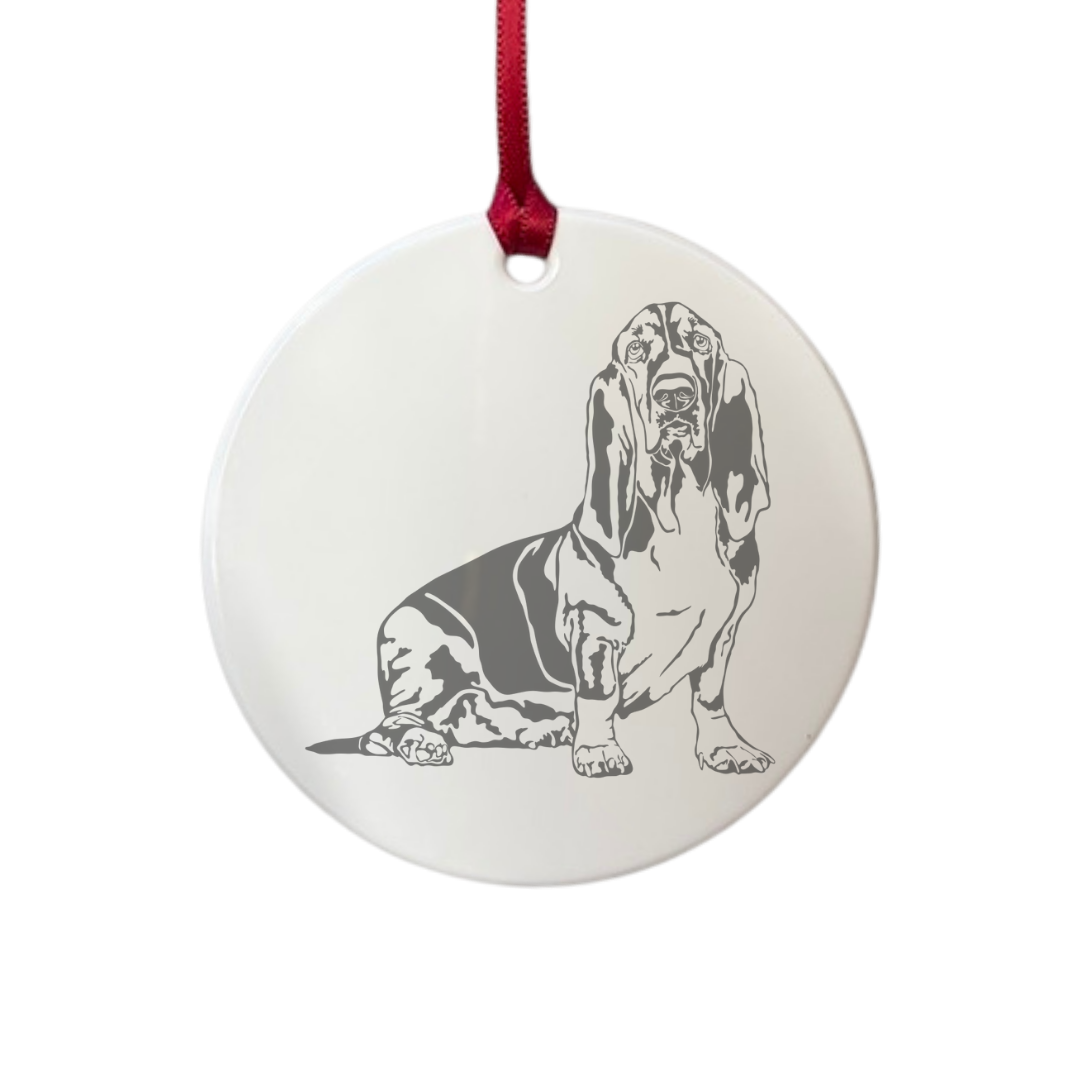 Personalised Basset Hound Sitting Engraved White Acrylic Decoration