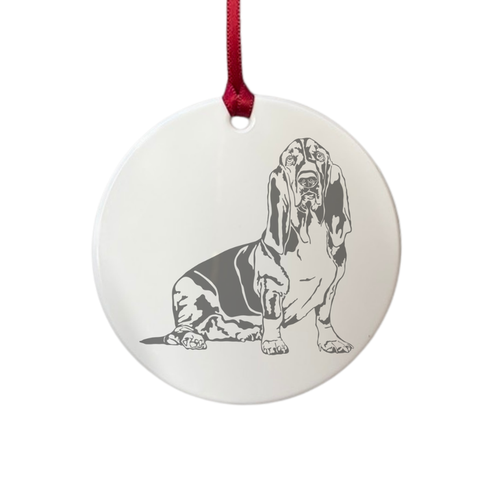 Personalised Basset Hound Sitting Engraved White Acrylic Decoration