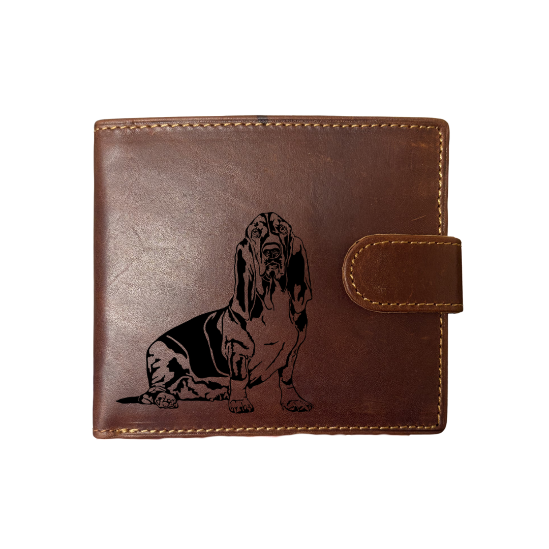 Personalised Basset Hound Sitting Engraved Dark Tan Genuine Leather Wallet