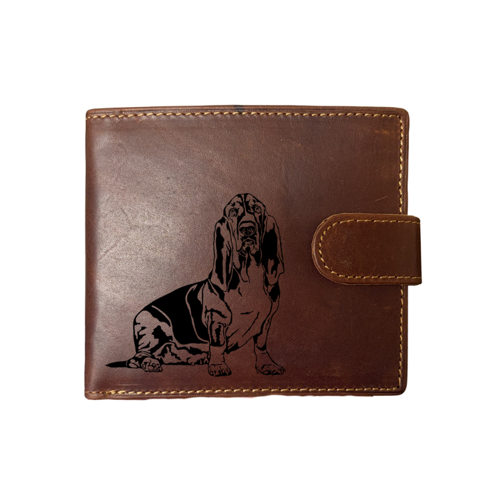 Personalised Basset Hound Sitting Engraved Dark Tan Genuine Leather Wallet