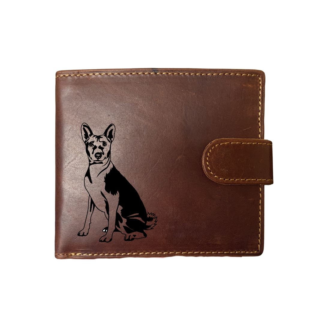 Personalised Basenji Sitting Engraved Dark Tan Genuine Leather Wallet