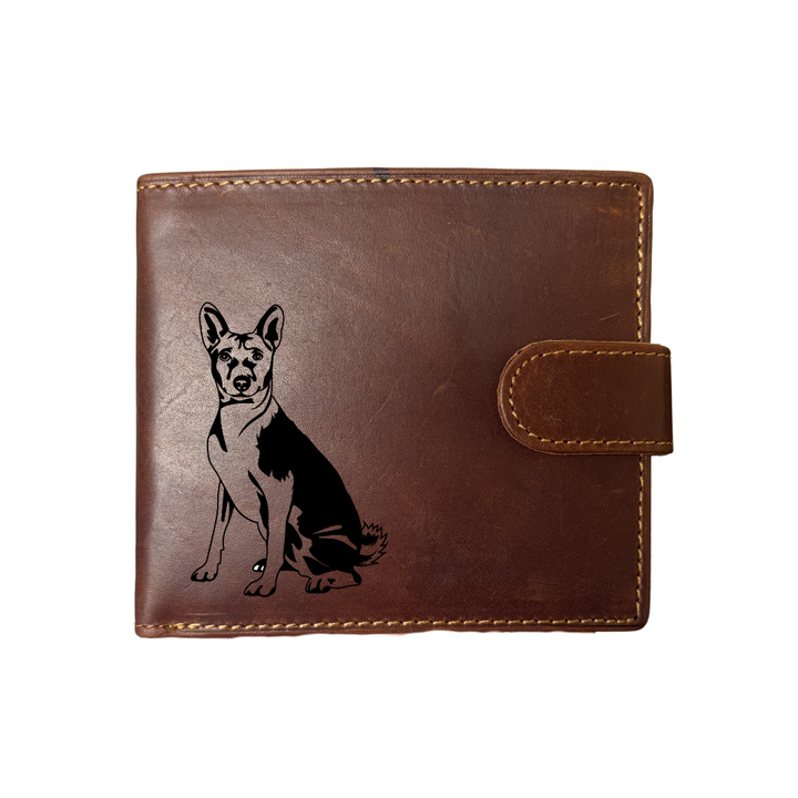 Personalised Basenji Sitting Engraved Dark Tan Genuine Leather Wallet