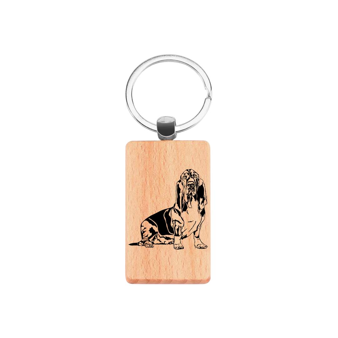 Basset Hound Sitting Engraved Rectangle Wooden Keyring