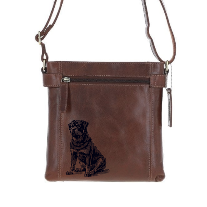 Rottweiler Sitting Engraved Leather Two Section Zip Top Crossbody Bag
