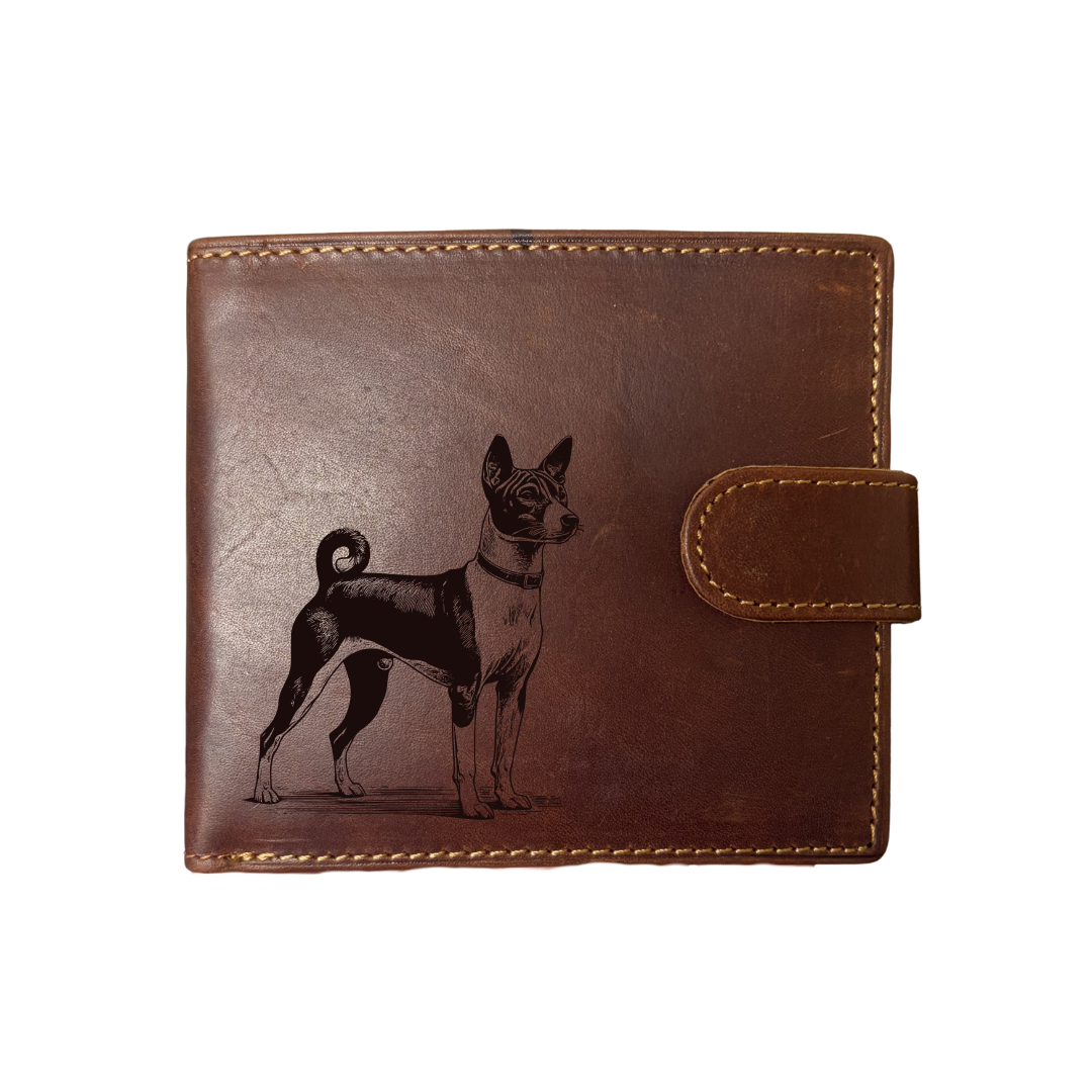 Personalised Basenji Standing Engraved Dark Tan Genuine Leather Wallet