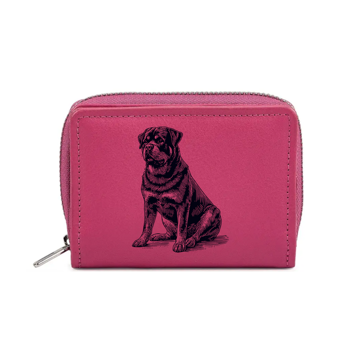 Rottweiler Sitting Engraved Small Leather Purse (Green/Pink/Blue/Red)