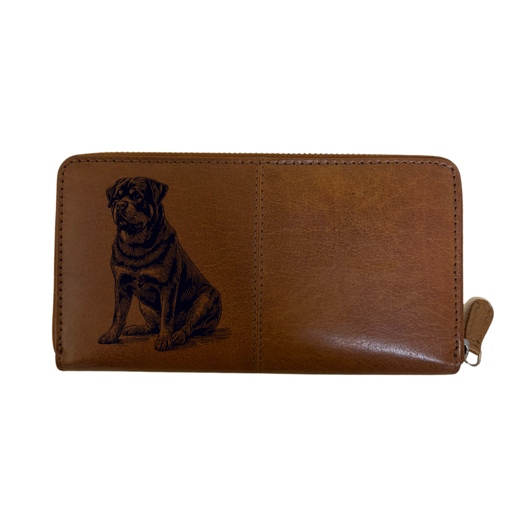 Rottweiler Sitting Engraved Large Leather Purse