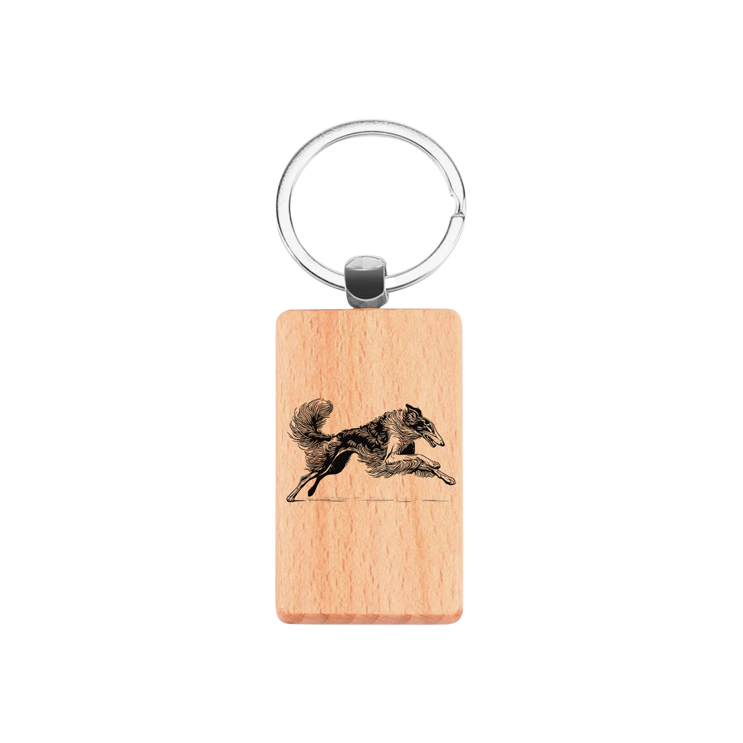Borzoi Running Engraved Rectangle Wooden Keyring