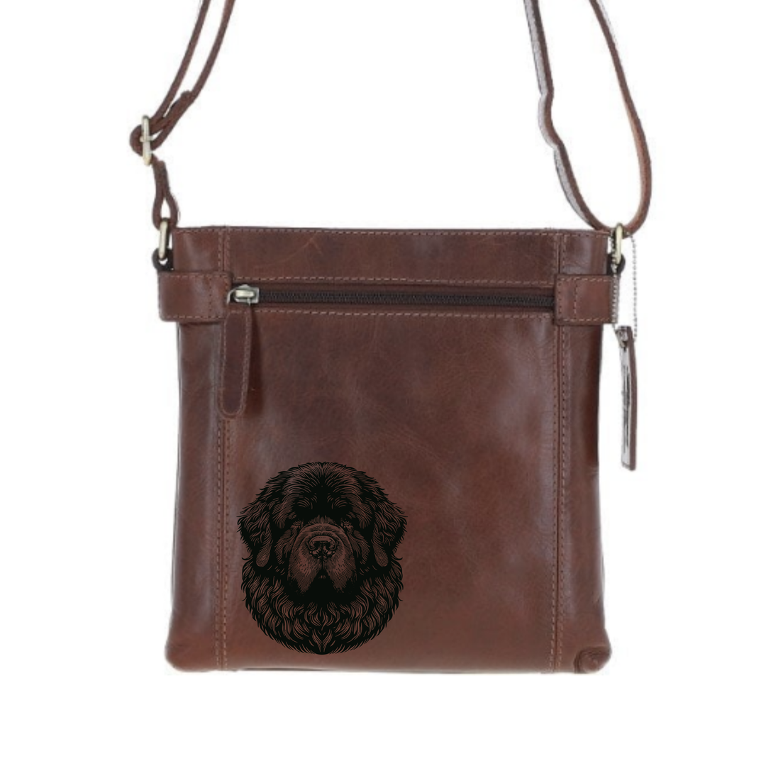 Newfoundland Face Engraved Leather Two Section Zip Top Crossbody Bag