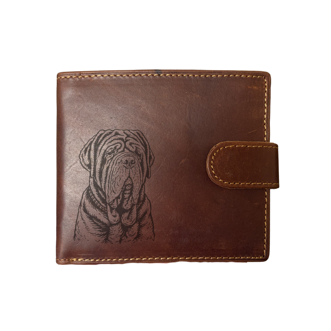 Personalised Neapolitan Mastiff Face Engraved Dark Tan Genuine Leather Wallet