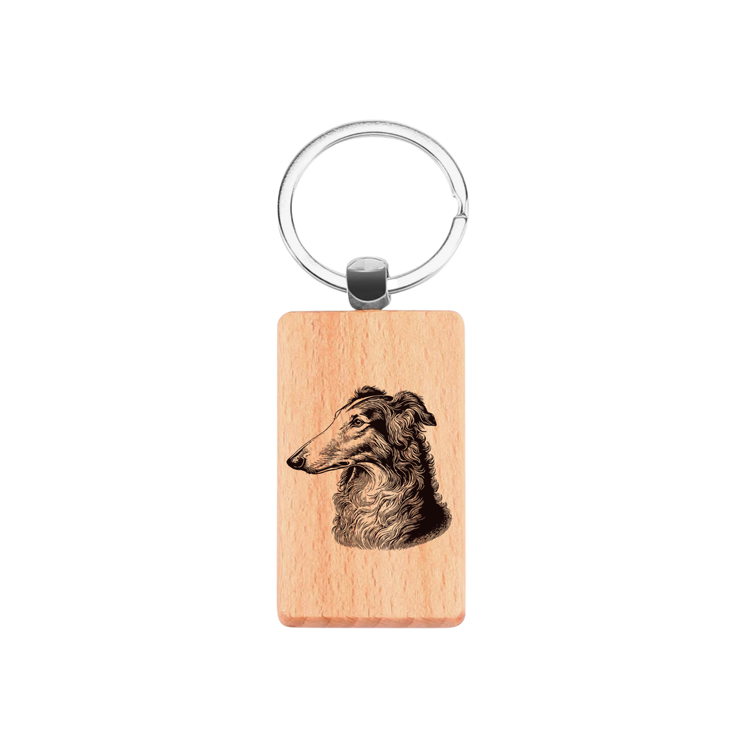 Borzoi Face Engraved Rectangle Wooden Keyring