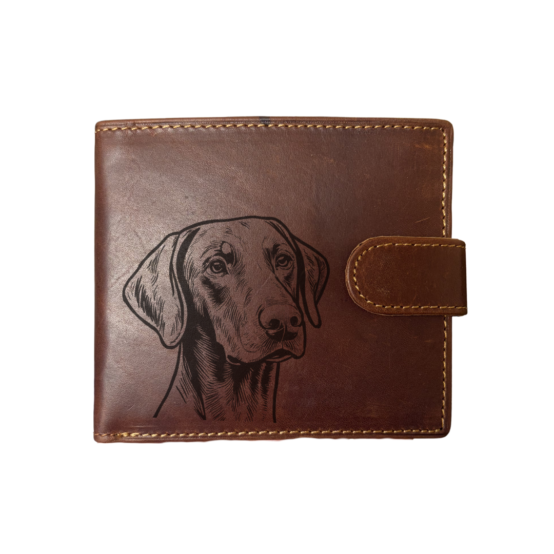 Personalised Dobermann Face Engraved Dark Tan Genuine Leather Wallet
