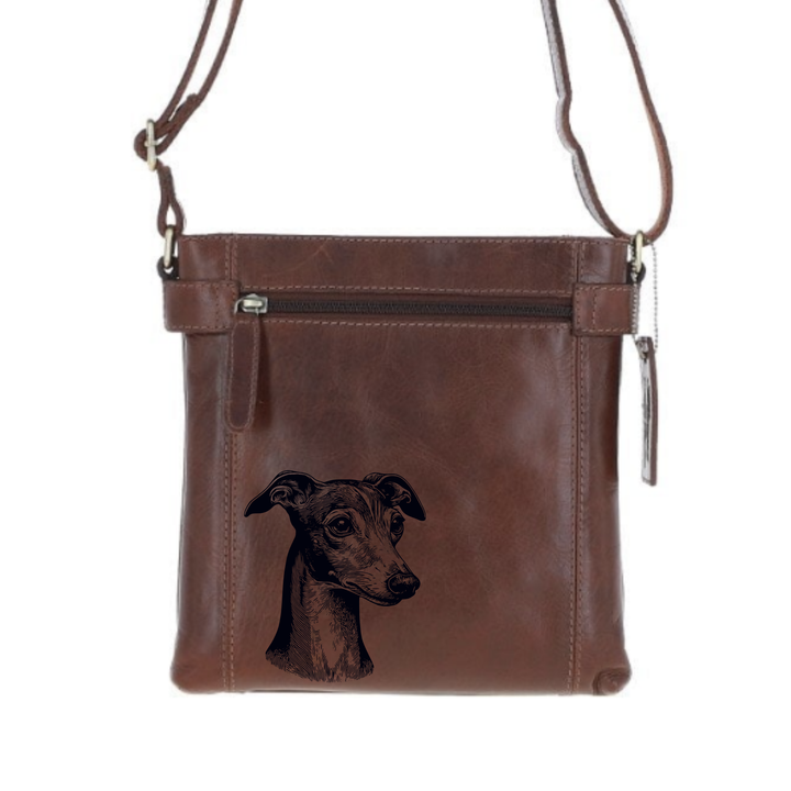 Italian Greyhound SP Face Engraved Leather Two Section Zip Top Crossbody Bag