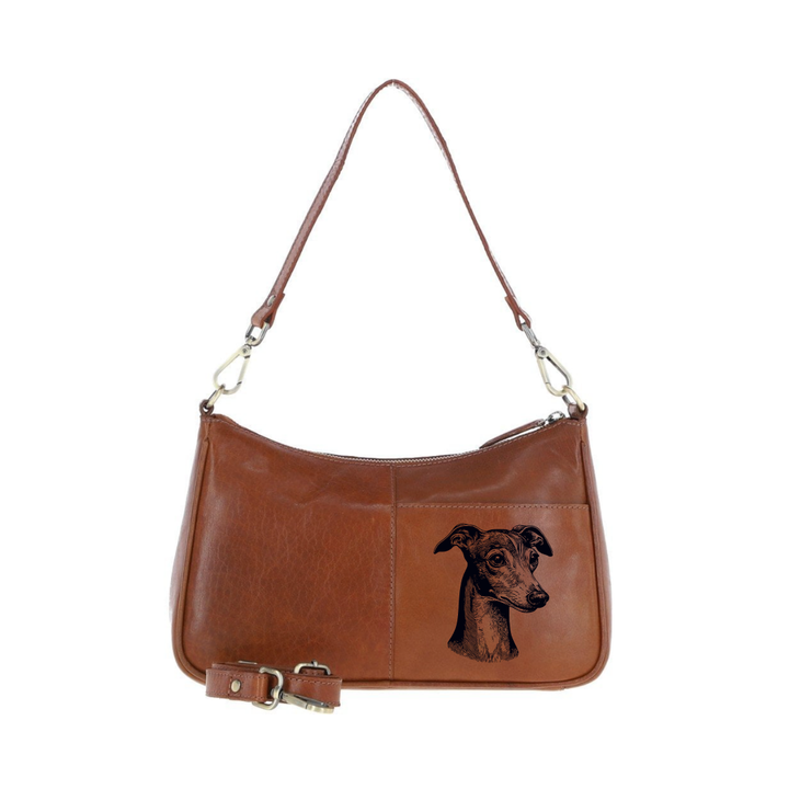 Italian Greyhound SP Face Engraved Genuine Leather Shoulder Bag
