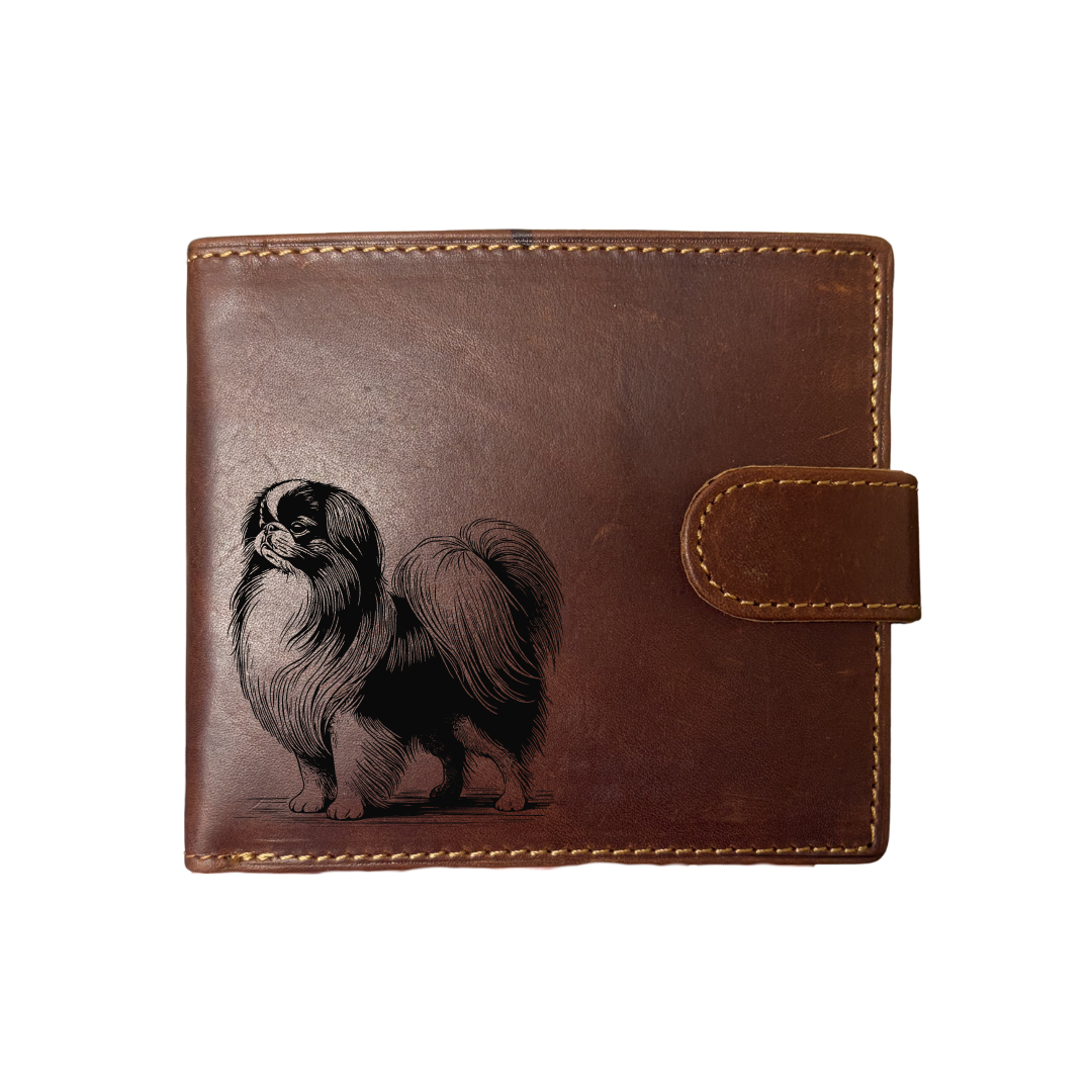 Personalised Japanese Chin Sitting Engraved Dark Tan Genuine Leather Wallet