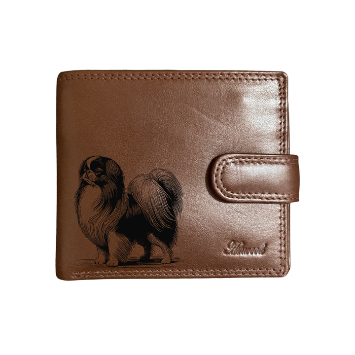 Personalised Japanese Chin Standing Engraved Dark Tan Genuine Leather Wallet