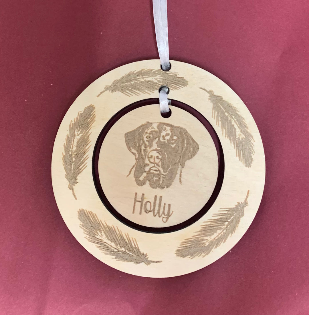 Custom Pet Portrait Engraved Hanging Decoration ~ Feather Wreath