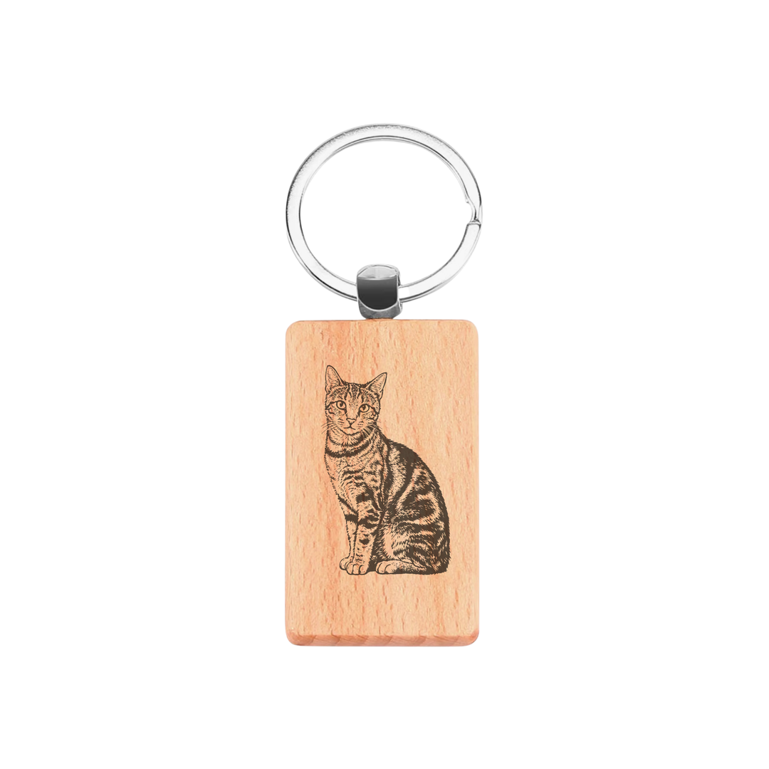 Shorthair Tabby Cat Sitting Engraved Rectangle Wooden Keyring