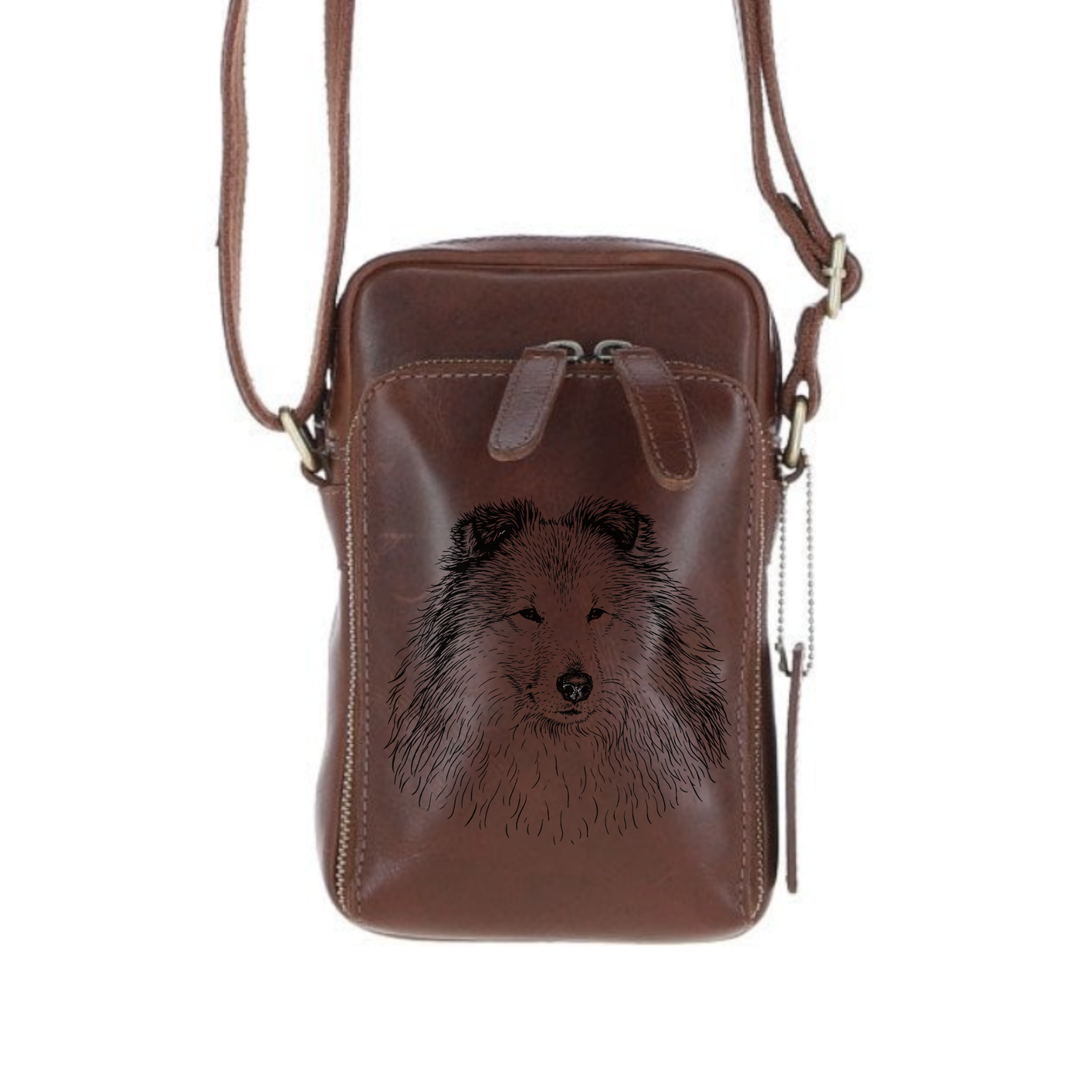 Personalised Shetland Sheepdog Face Leather Compact Crossbody Bag