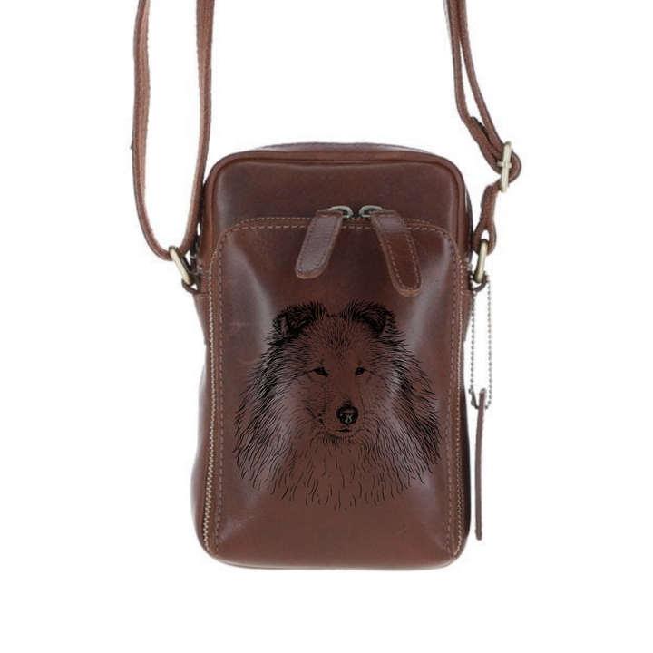 Personalised Shetland Sheepdog Face Leather Compact Crossbody Bag