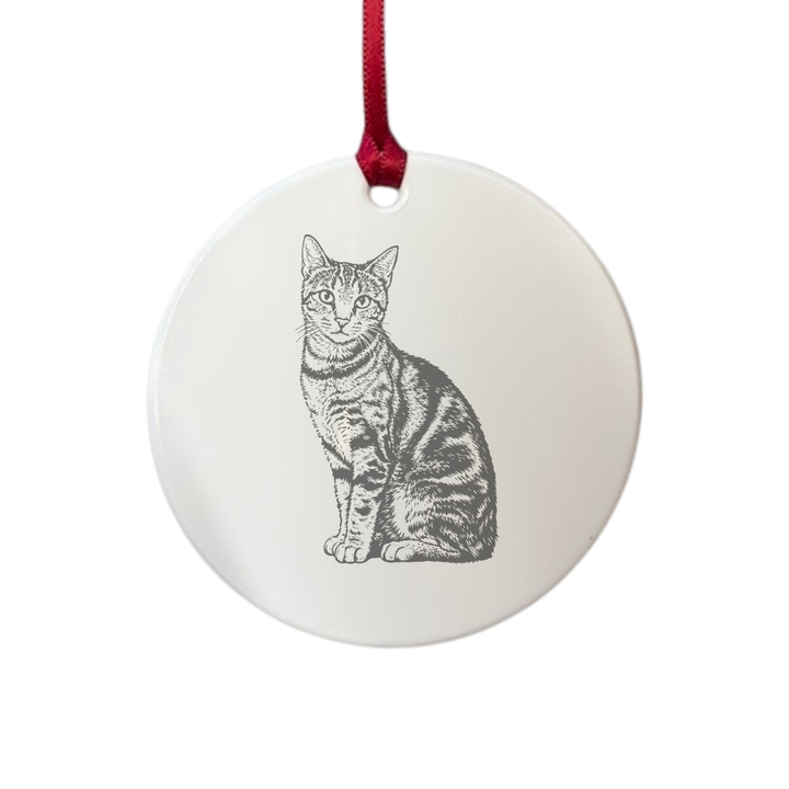 Personalised Tabby Cat Sitting Engraved White Acrylic Decoration