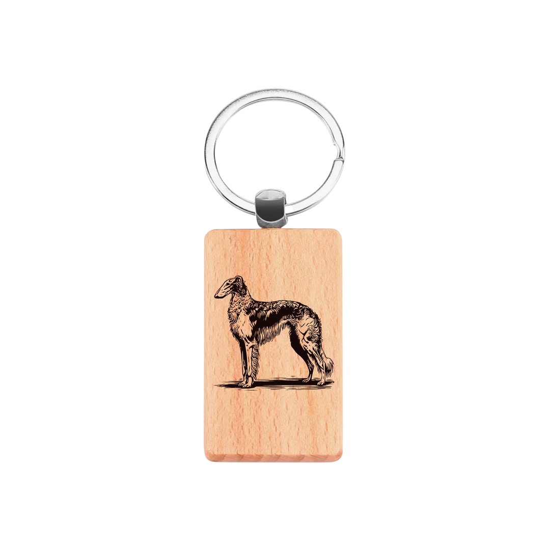 Borzoi Standing Engraved Rectangle Wooden Keyring