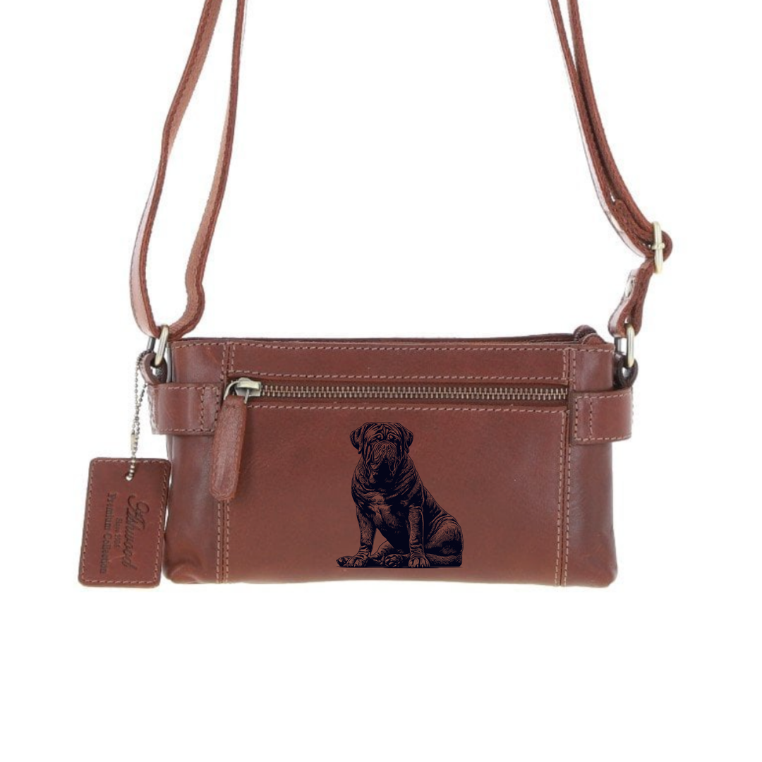 Personalised Dogue De Bordeaux Sitting Engraved Small Leather Two Section Zip Top Crossbody Bag