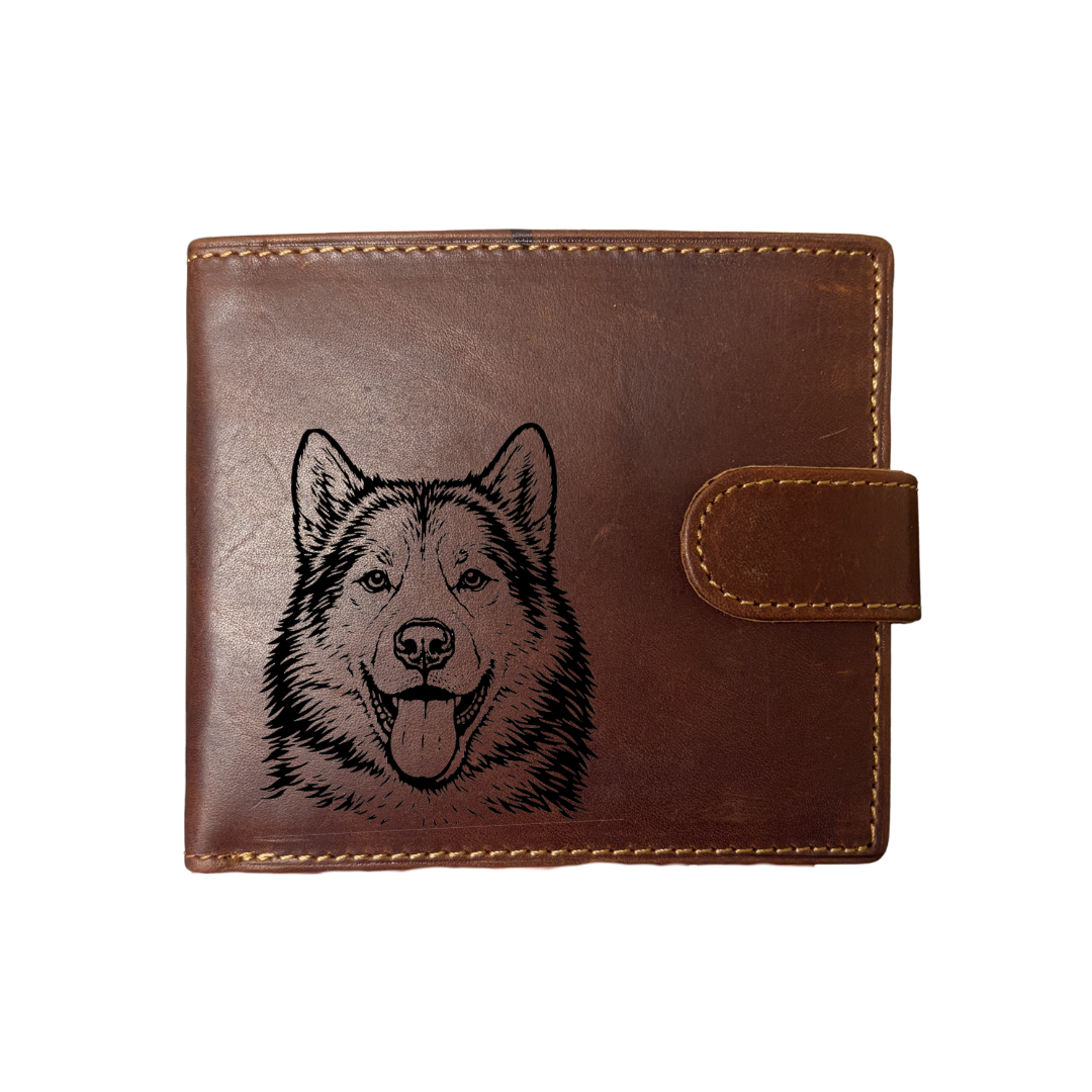 Personalised Canadian Eskimo Dog Face Engraved Dark Tan Genuine Leather Wallet