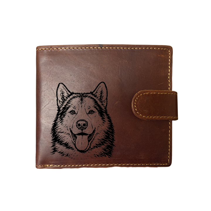 Personalised Canadian Eskimo Dog Face Engraved Dark Tan Genuine Leather Wallet
