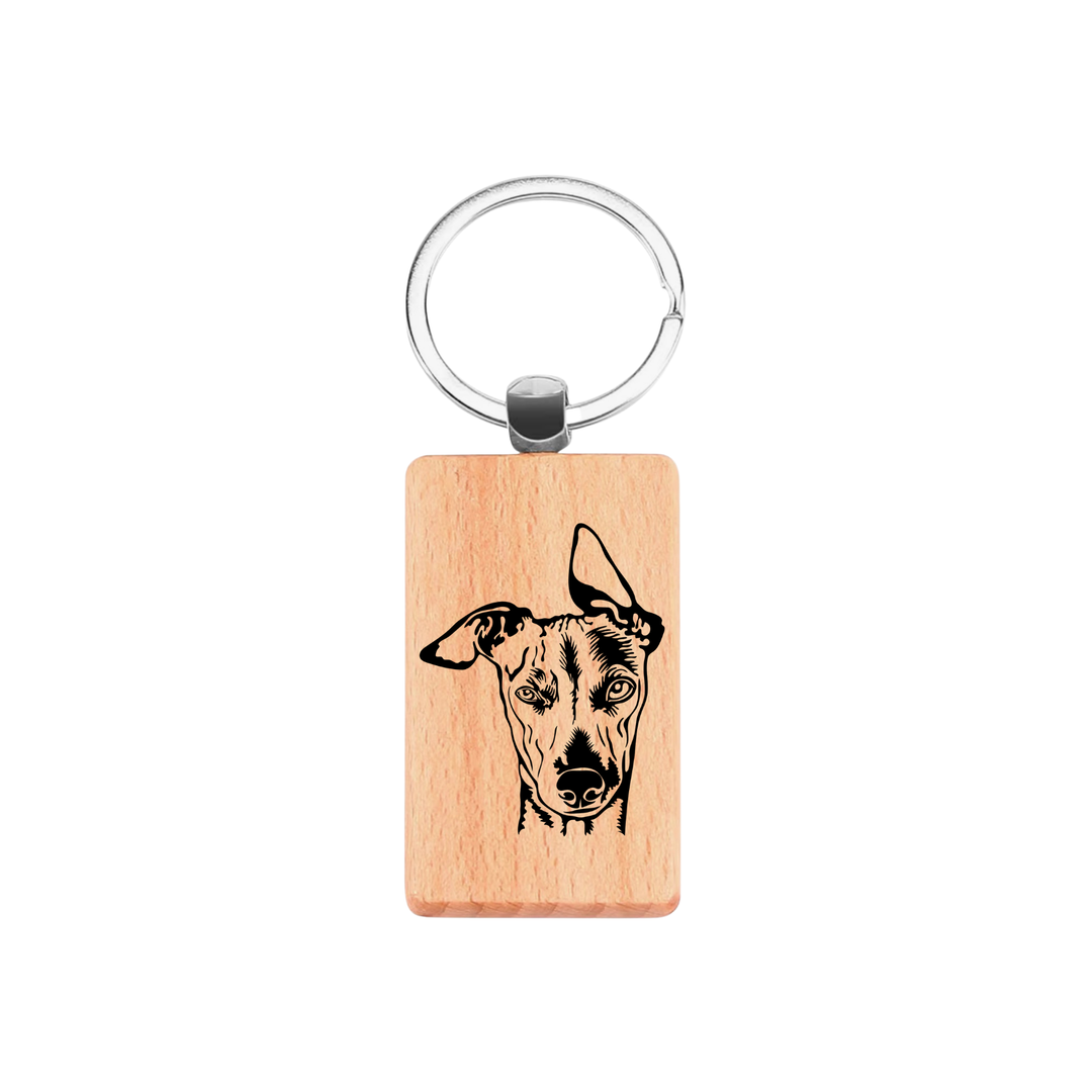 Whippet Face Engraved Rectangle Wooden Keyring