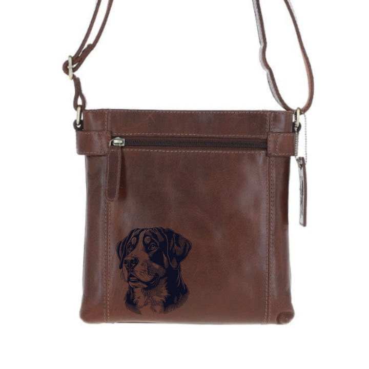 Great Swiss Mountain Dog Face Engraved Leather Two Section Zip Top Crossbody Bag