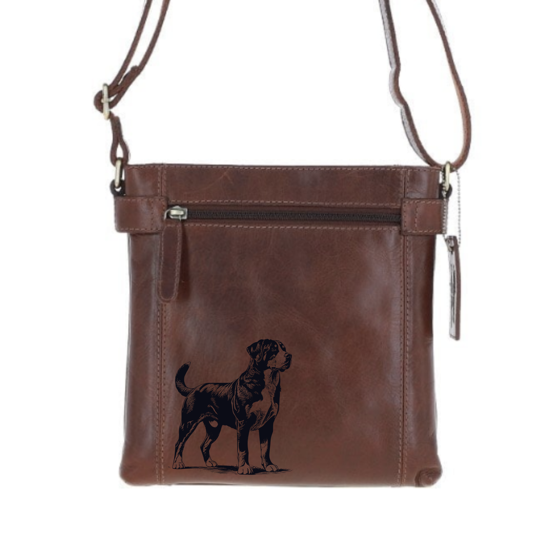 Great Swiss Mountain Dog Standing Engraved Leather Two Section Zip Top Crossbody Bag