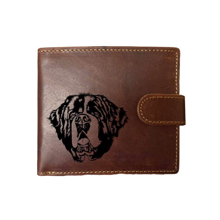 Personalised Saint Bernard Face Engraved Dark Tan Genuine Leather Wallet
