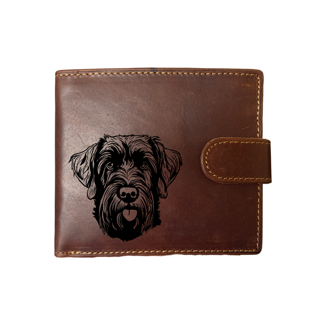 Personalised Russian Black Terrier Face Engraved Dark Tan Genuine Leather Wallet