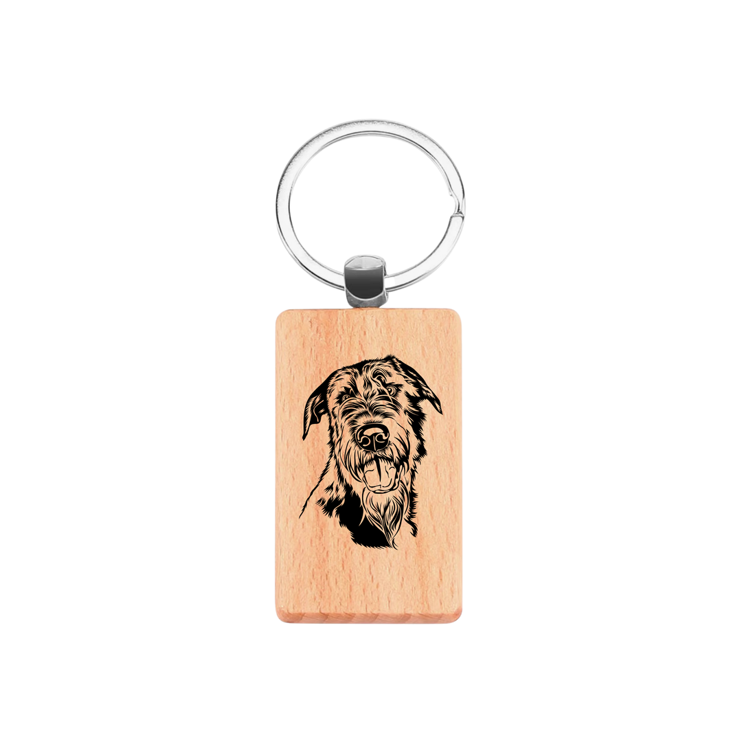 Irish Wolfhound Face Engraved Rectangle Wooden Keyring