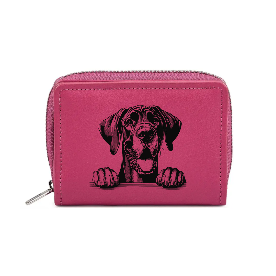 Great Dane Paws Engraved Small Leather Purse (Green/Pink/Blue/Red)