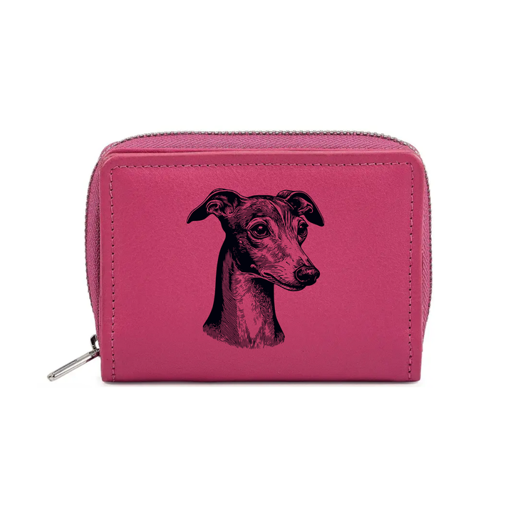 Italian Greyhound Face Engraved Small Leather Purse (Green/Pink/Blue/Red)