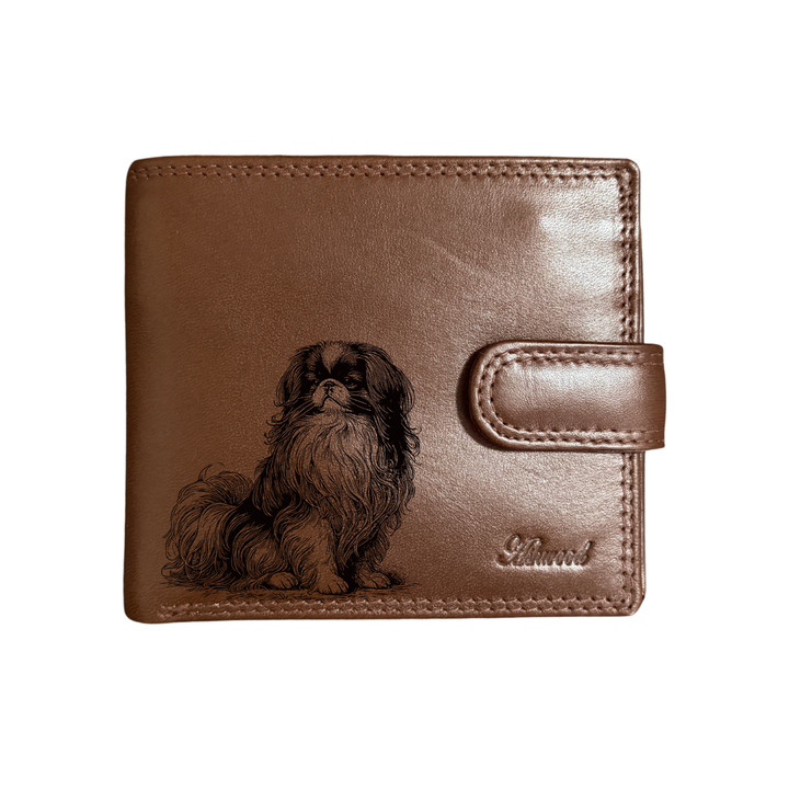Personalised Japanese Chin Sitting Engraved Dark Tan Genuine Leather Wallet