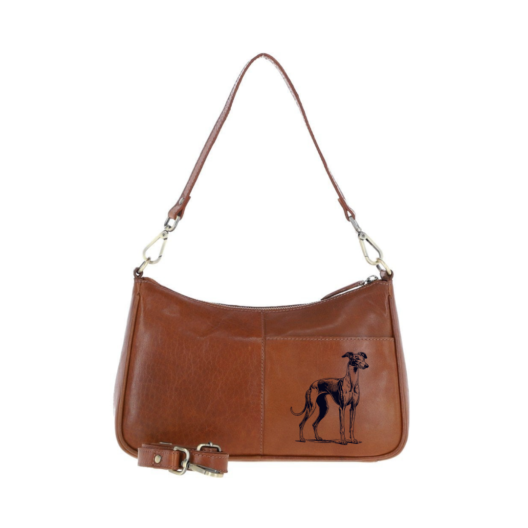 Italian Greyhound Standing Engraved Genuine Leather Shoulder Bag