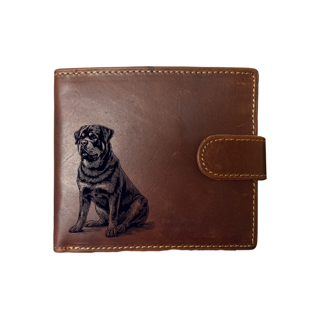 Personalised Rottweiler Sitting Engraved Dark Tan Genuine Leather Wallet