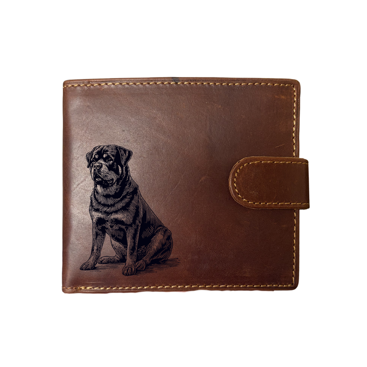 Personalised Rottweiler Sitting Engraved Dark Tan Genuine Leather Wallet