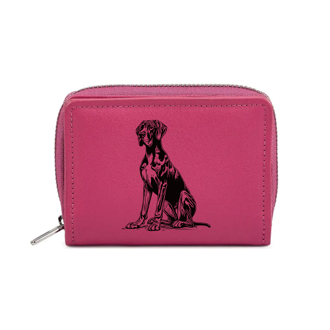 Great Dane Sitting Engraved Small Leather Purse (Green/Pink/Blue/Red)