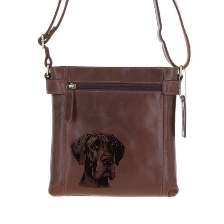 Great Dane Face Engraved Leather Two Section Zip Top Crossbody Bag