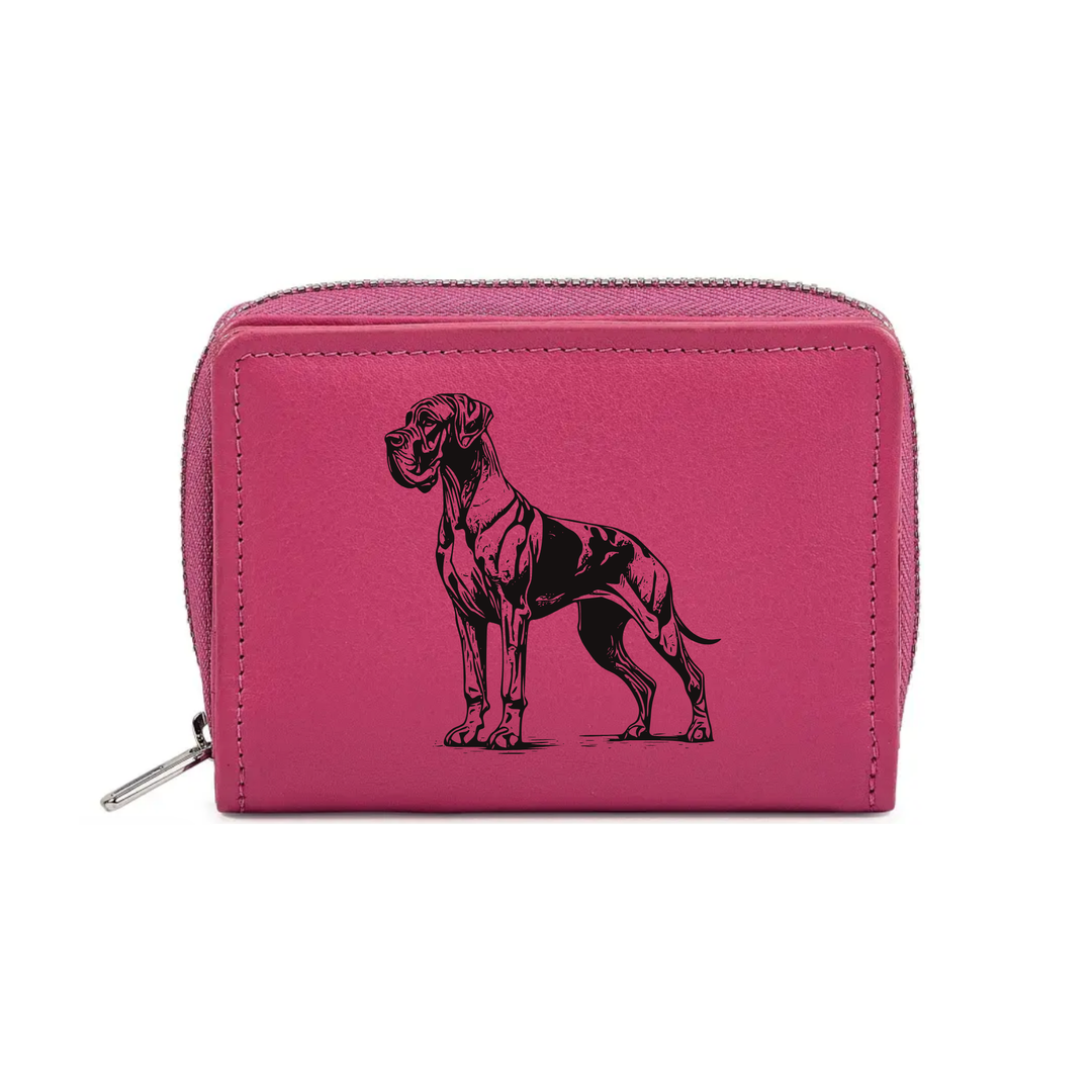 Great Dane Standing Engraved Small Leather Purse (Green/Pink/Blue/Red)