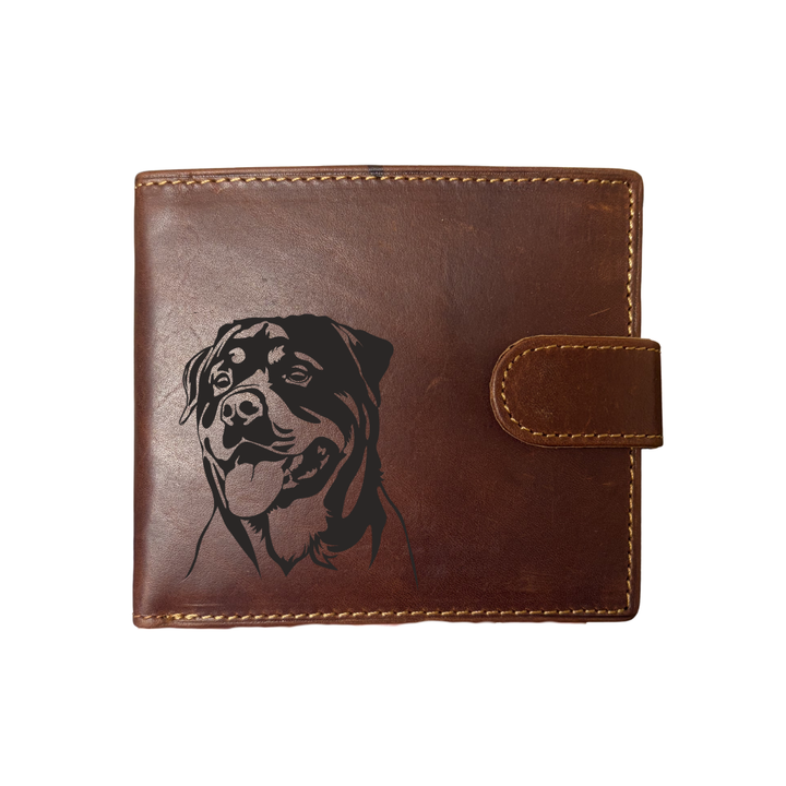 Personalised Rottweiler Face Engraved Dark Tan Genuine Leather Wallet