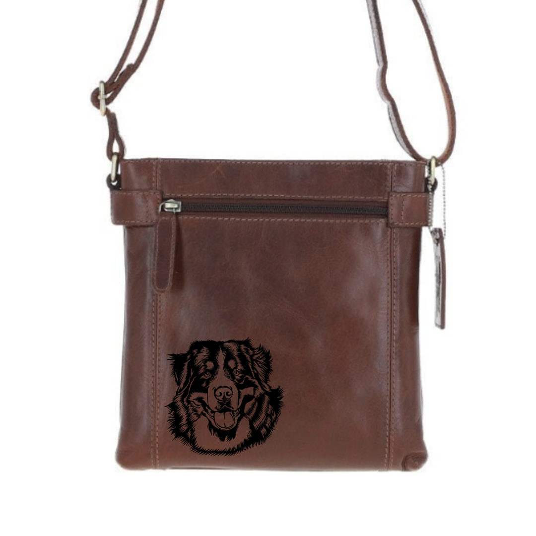 Bernese Mountain Dog Face Engraved Leather Two Section Zip Top Crossbody Bag