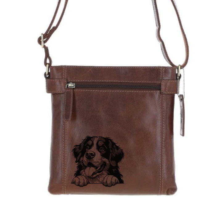 Bernese Mountain Dog Paws Engraved Leather Two Section Zip Top Crossbody Bag