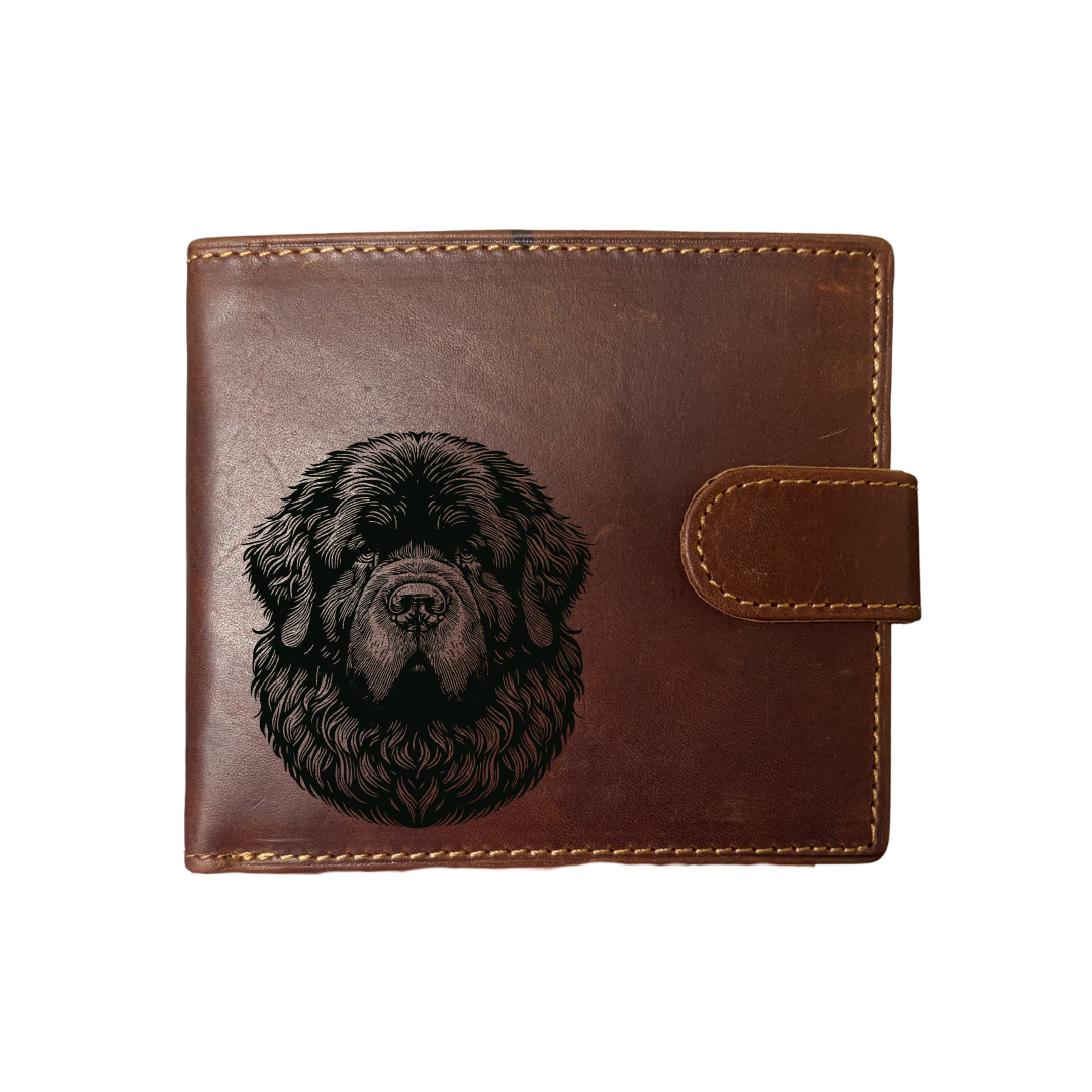 Personalised Newfoundland Face Engraved Dark Tan Genuine Leather Wallet